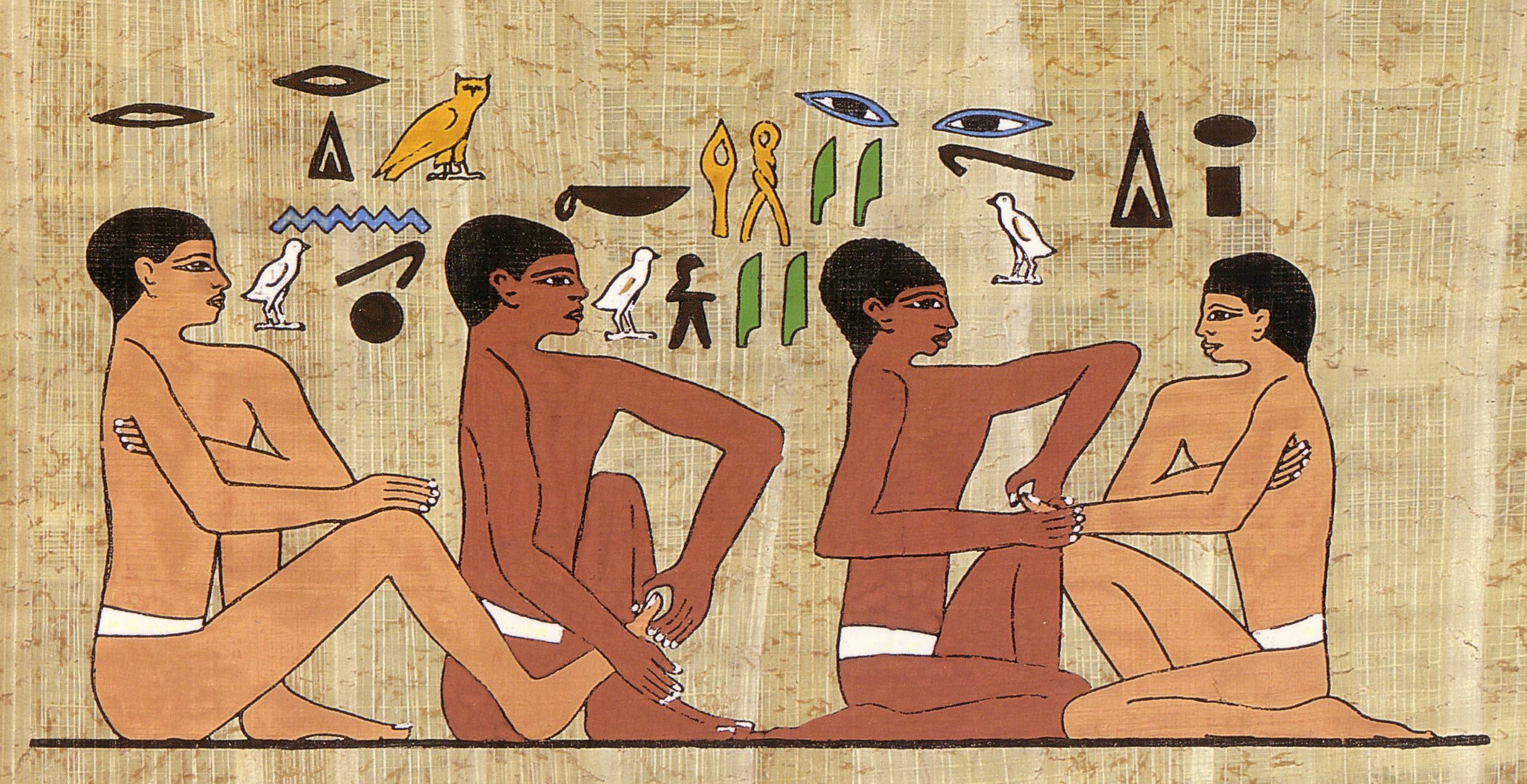 Papyrus montant un praticien touchant les pieds et les mains en Égypte ancienne